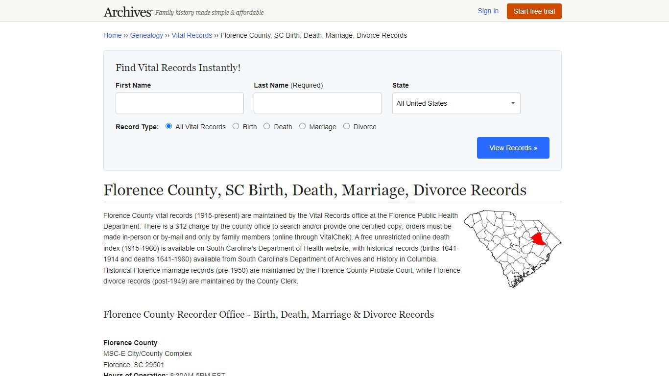 Florence County, SC Birth, Death, Marriage, Divorce Records - Archives.com