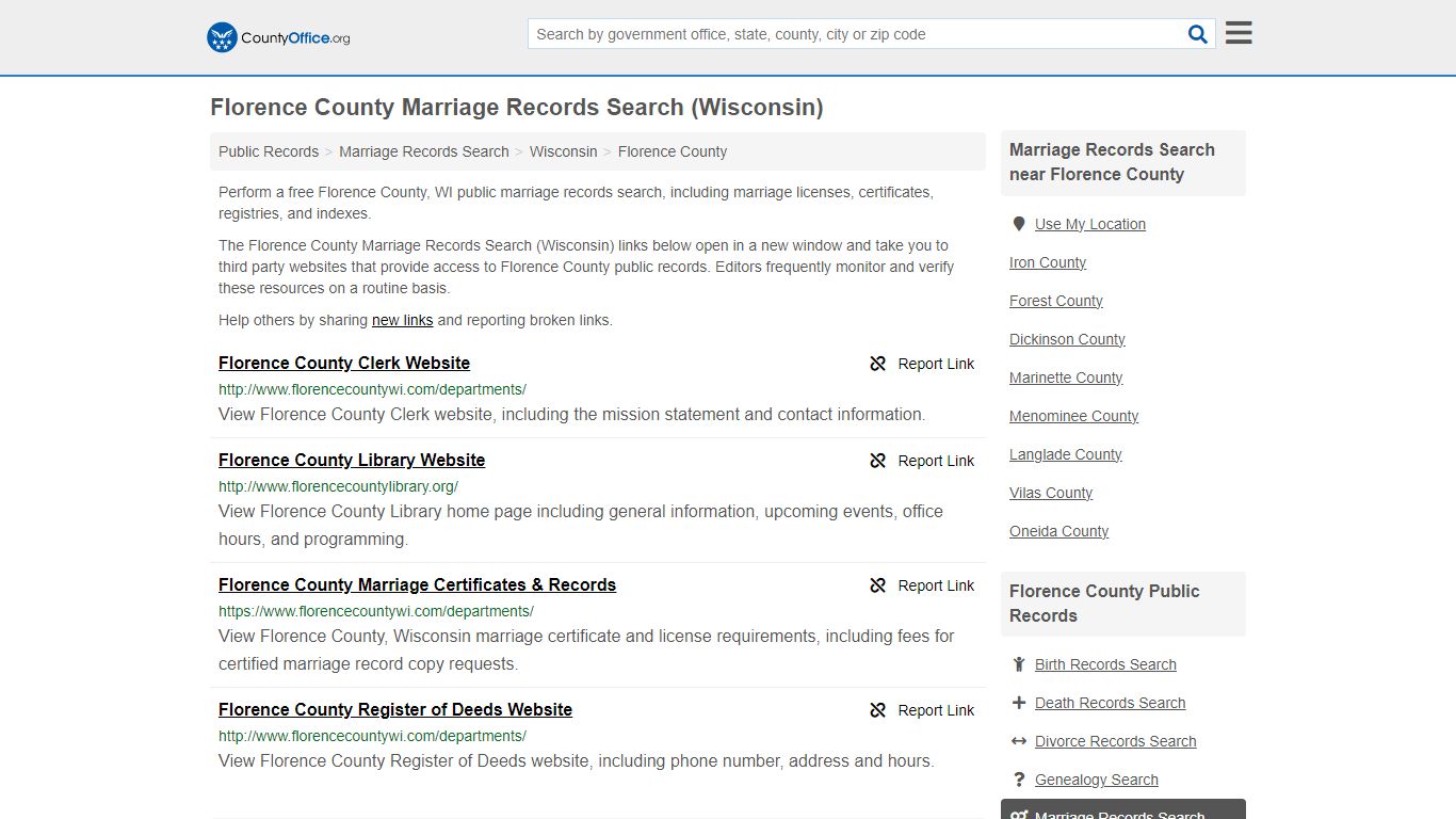Florence County Marriage Records Search (Wisconsin) - County Office