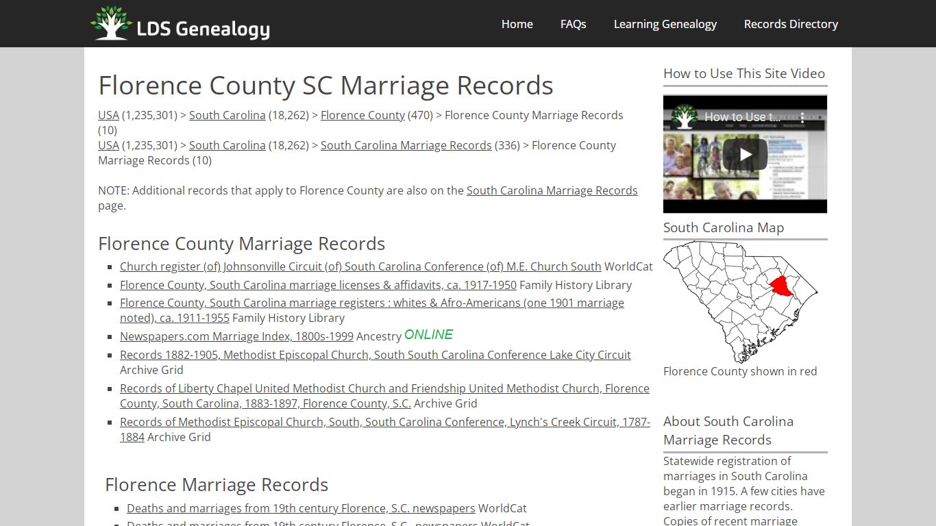 Florence County SC Marriage Records - LDS Genealogy