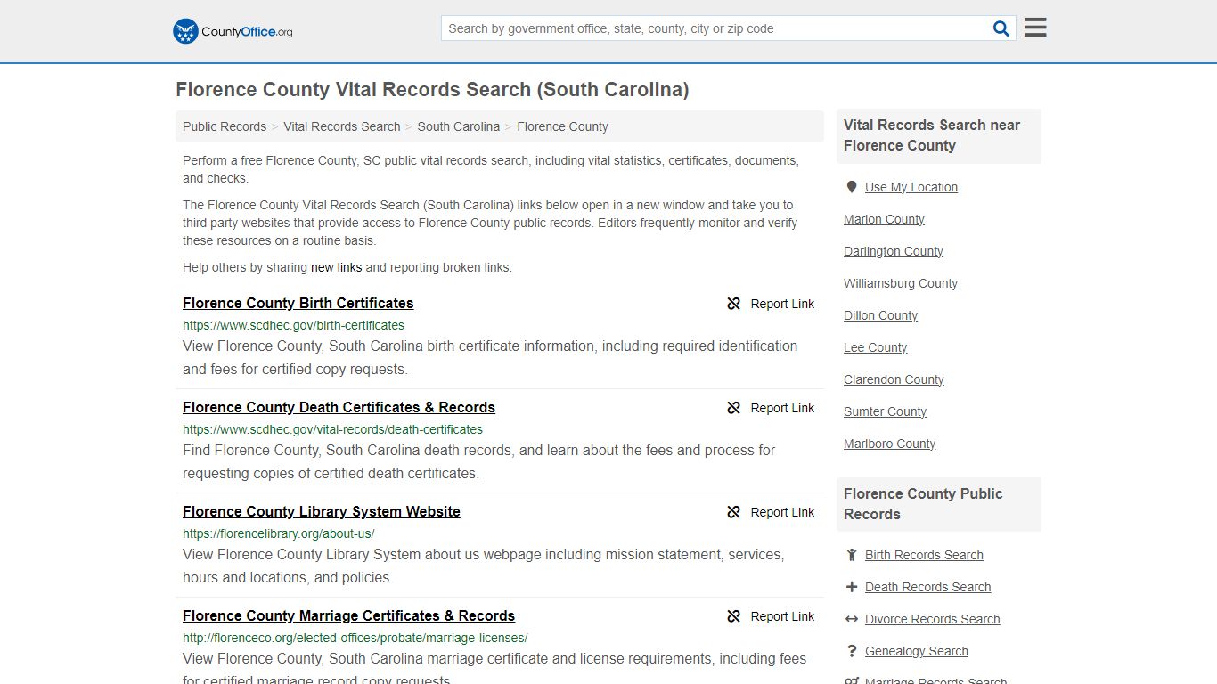 Vital Records Search - Florence County, SC (Birth, Death, Marriage ...